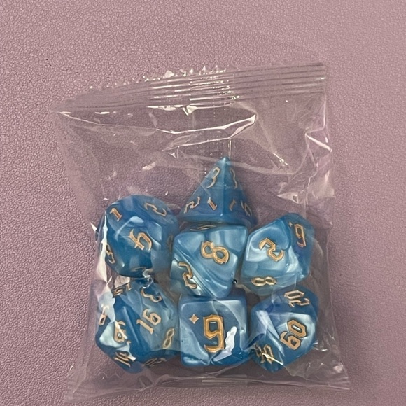 Blue Pearlized Swirl Acrylic 7 Piece Dice Set With Gold Inking - Picture 3 of 4